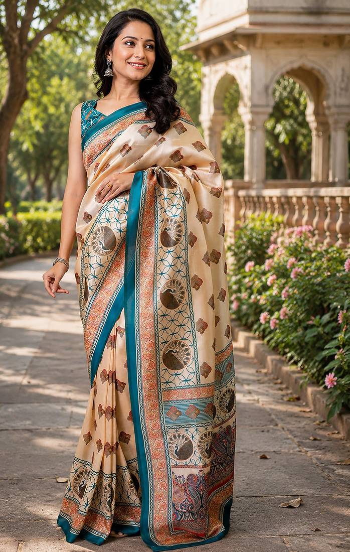 Women beige chanderi cotton geomatric & block print style ready to wear saree