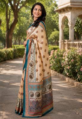 Women beige chanderi cotton geomatric & block print style ready to wear saree 2