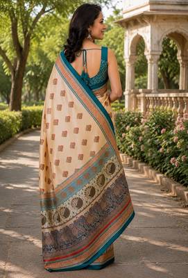 Women beige chanderi cotton geomatric & block print style ready to wear saree 3