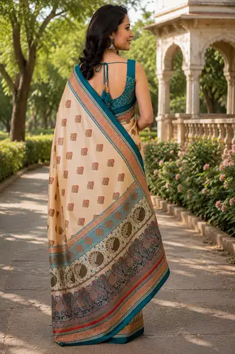 Women beige chanderi cotton geomatric & block print style ready to wear saree