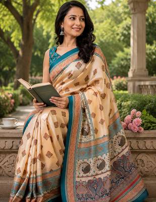 Women beige chanderi cotton geomatric & block print style ready to wear saree 4
