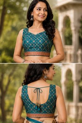 Women beige chanderi cotton geomatric & block print style ready to wear saree 5