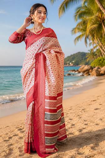 Women off white chanderi cotton ikat ready to wear saree
