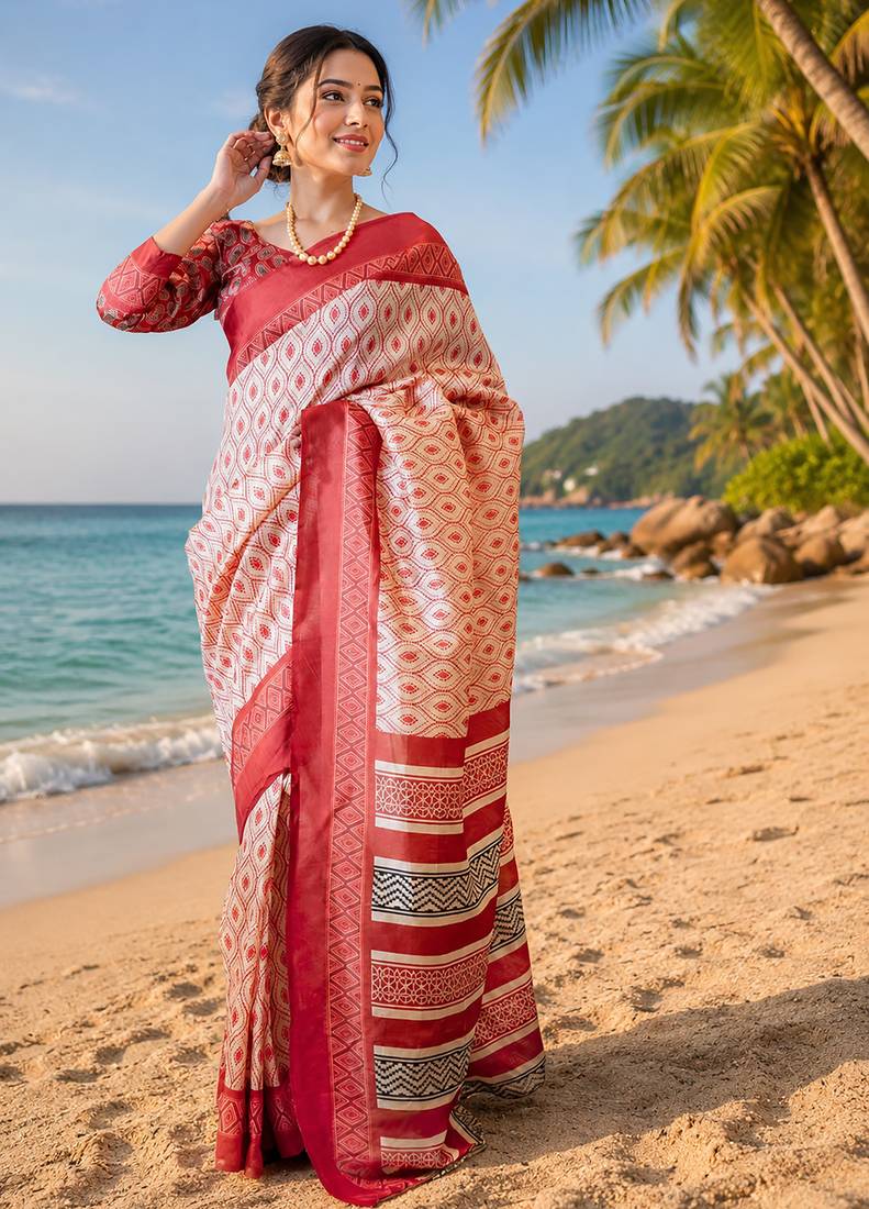 Women off white chanderi cotton ikat ready to wear saree