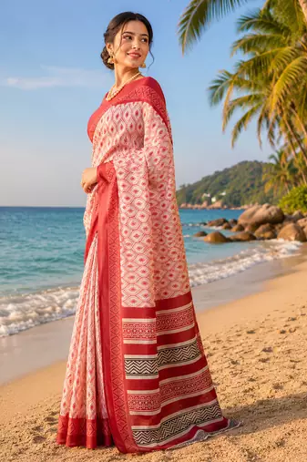 Women off white chanderi cotton ikat ready to wear saree