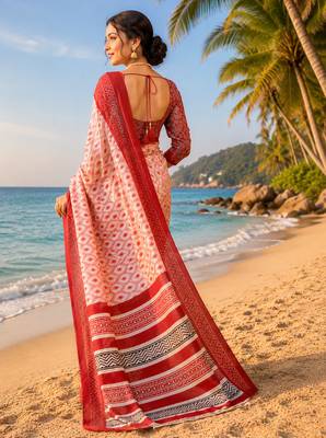 Women off white chanderi cotton ikat ready to wear saree 3
