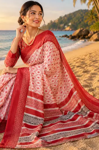 Women off white chanderi cotton ikat ready to wear saree
