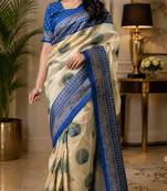 Women cream chanderi cotton peacock motifs ready to wear saree