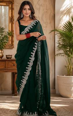green embroidered party wear shimmer chiffon saree with silver scalloped border for women 1