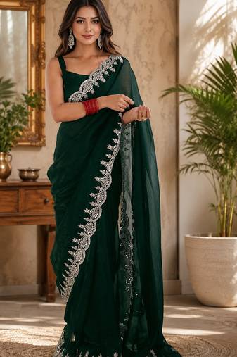 green embroidered party wear shimmer chiffon saree with silver scalloped border for women