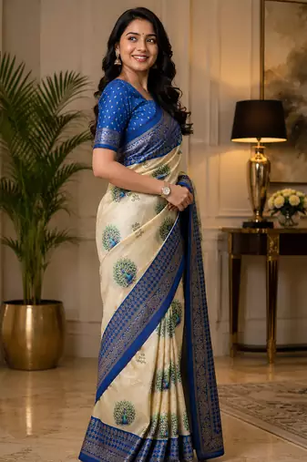 Women cream chanderi cotton peacock motifs ready to wear saree