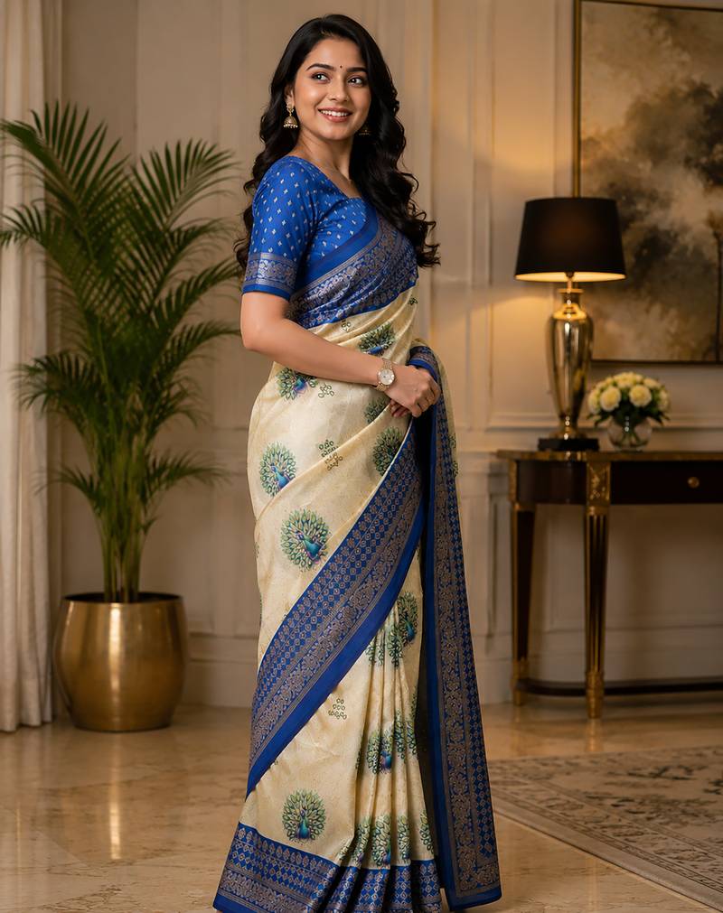 Women cream chanderi cotton peacock motifs ready to wear saree
