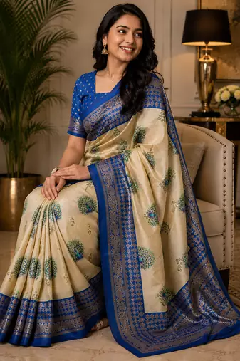 Women cream chanderi cotton peacock motifs ready to wear saree