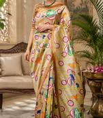 Women beige chanderi cotton kalamkari ready to wear saree