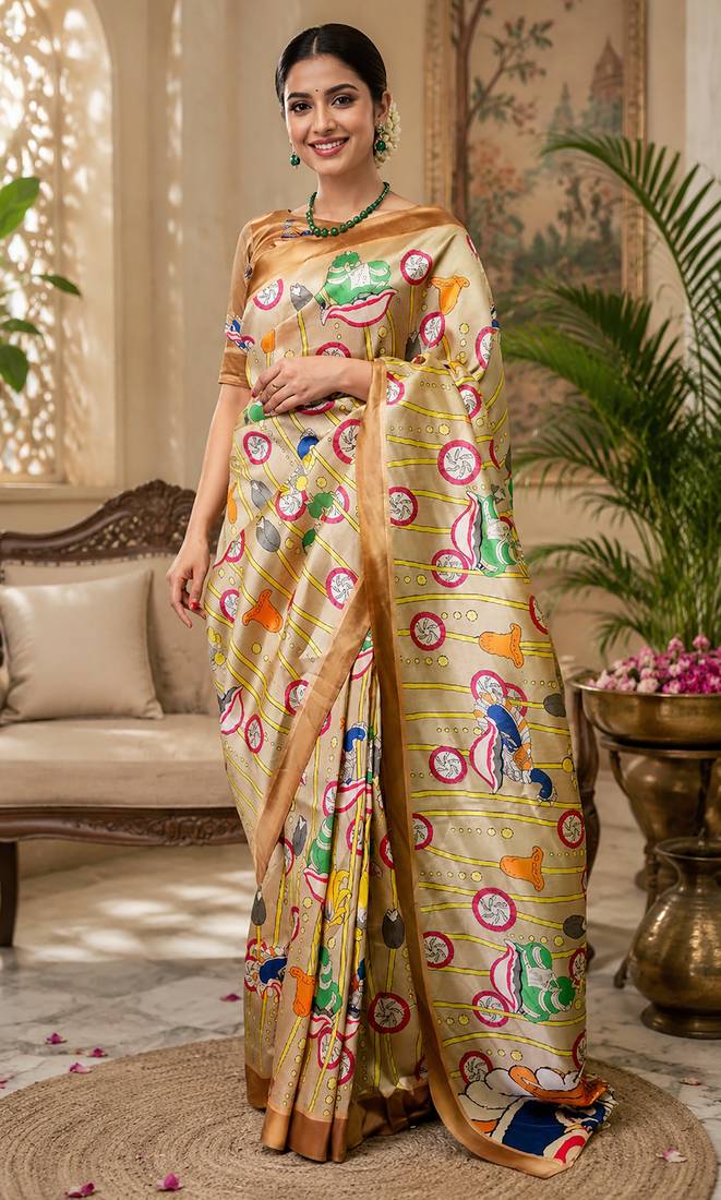 Women beige chanderi cotton kalamkari ready to wear saree