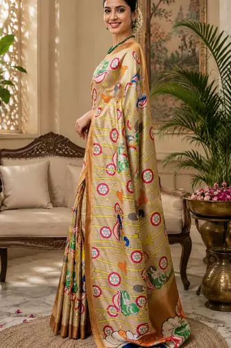 Women beige chanderi cotton kalamkari ready to wear saree