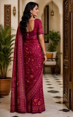 Women wine chanderi cotton floral jaal ready to wear saree 3
