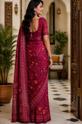 Women wine chanderi cotton floral jaal ready to wear saree