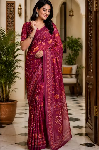 Women wine chanderi cotton floral jaal ready to wear saree