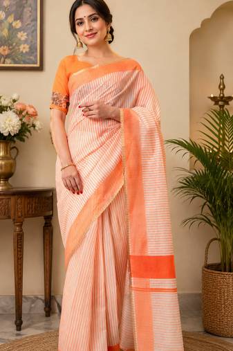 Women beige & orange chanderi cotton striped ready to wear saree