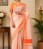 Women beige & orange chanderi cotton striped ready to wear saree