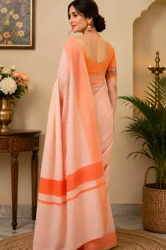 Women beige & orange chanderi cotton striped ready to wear saree