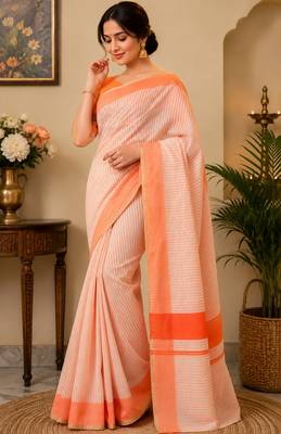 Women beige & orange chanderi cotton striped ready to wear saree 4