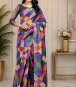 Women multicolor chanderi cotton colorblocked checkered ready to wear saree