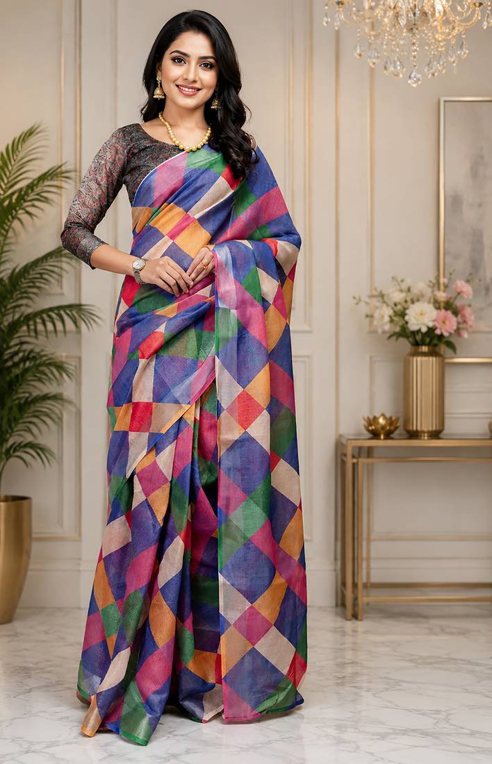 Women multicolor chanderi cotton colorblocked checkered ready to wear saree