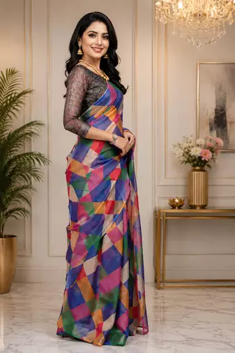 Women multicolor chanderi cotton colorblocked checkered ready to wear saree