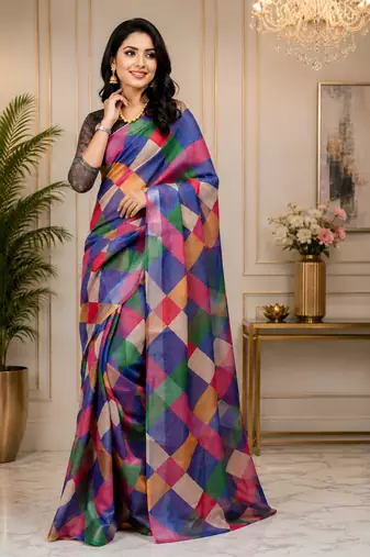 Women multicolor chanderi cotton colorblocked checkered ready to wear saree