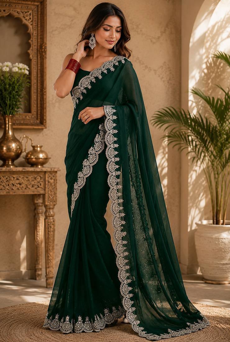 green embroidered party wear shimmer chiffon saree with silver scalloped border for women
