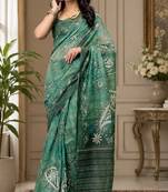 Women forest green chanderi cotton batik style ready to wear saree