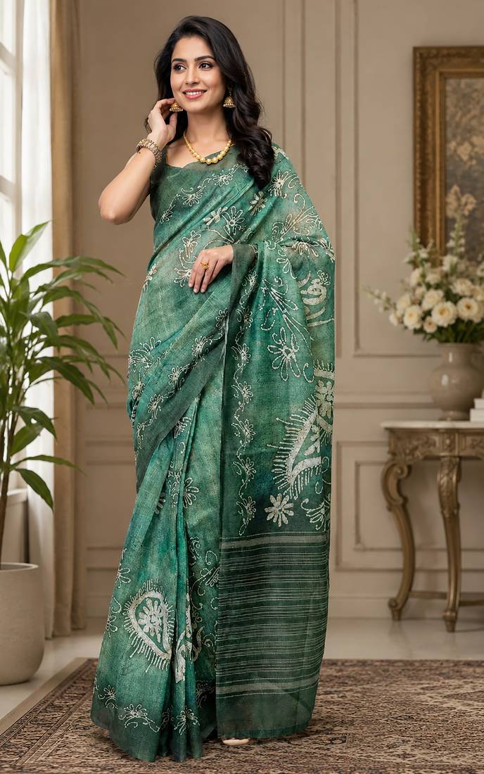 Women forest green chanderi cotton batik style ready to wear saree