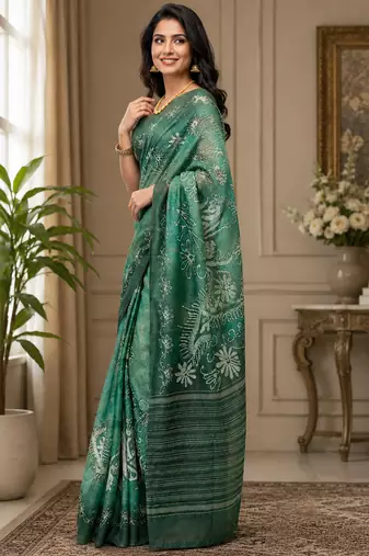 Women forest green chanderi cotton batik style ready to wear saree