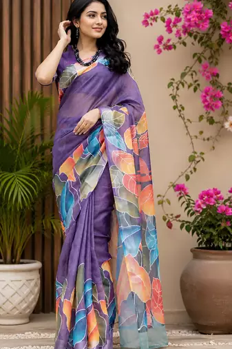 Women purple chanderi cotton multicolor leaf ready to wear saree