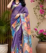 Women purple chanderi cotton multicolor leaf ready to wear saree