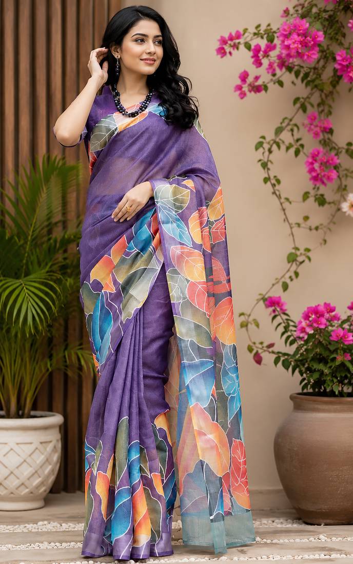 Women purple chanderi cotton multicolor leaf ready to wear saree