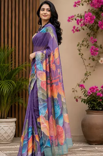 Women purple chanderi cotton multicolor leaf ready to wear saree