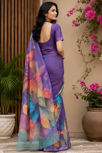 Women purple chanderi cotton multicolor leaf ready to wear saree