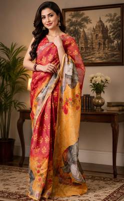 Women red & orange chanderi cotton floral motifs ready to wear saree 1
