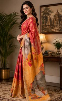 Women red & orange chanderi cotton floral motifs ready to wear saree 2