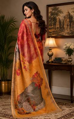 Women red & orange chanderi cotton floral motifs ready to wear saree 3