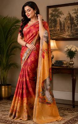 Women red & orange chanderi cotton floral motifs ready to wear saree 4