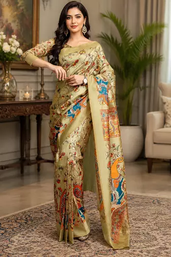 Women ivory chanderi cotton kalamkari ready to wear saree