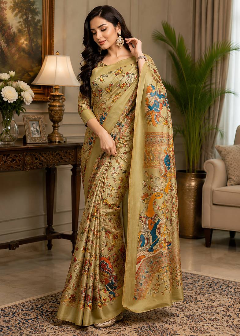 Women ivory chanderi cotton kalamkari ready to wear saree