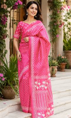 Women baby pink chanderi cotton bandhani ready to wear saree 1