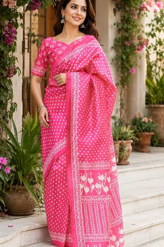 Women baby pink chanderi cotton bandhani ready to wear saree