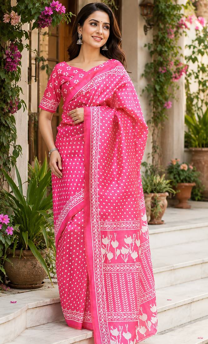 Women baby pink chanderi cotton bandhani ready to wear saree