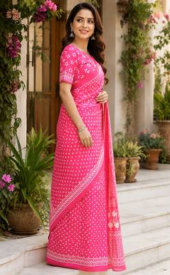 Women baby pink chanderi cotton bandhani ready to wear saree 2